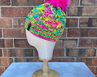 Luxury Neon Pink Yellow Blue Merino Wool Beanie - Tentacula Hand Knit Hat with Hand Dyed Yarn