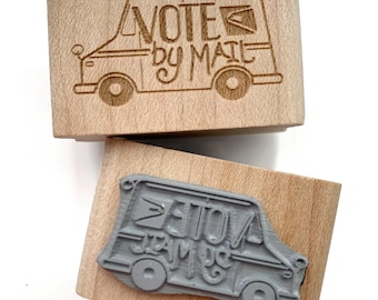 Mary Likes Postcards Vote by Mail! with a cute mail truck. Rubber stamp for get-out-the-vote postcard campaigns like Postcards To Voters.