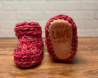 3-6 months - Luxury Pink “Little Love Bug” Merino Wool Crochet Baby Booties - Hand Crocheted Baby Booties with Hand Dyed Yarn
