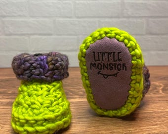 3-6 months - Luxury Green Purple “Little Monster” Merino Wool Crochet Baby Booties - Hand Crocheted Baby Booties with Hand Dyed Yarn