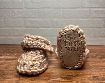 3-6 months - Luxury Beige “My First Easter” Merino Wool Crochet Baby Booties - Hand Crocheted Baby Booties with Hand Dyed Yarn
