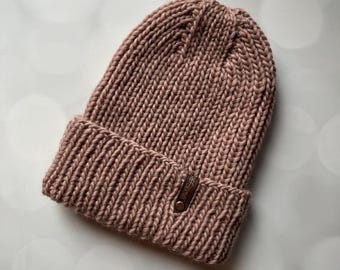 Luxury Mauve Merino Wool Knit Hat - Wildwood Folded Brim Beanie Hand Knit Hat with Hand Dyed Yarn