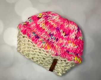 Luxus Pink Cupcake Merino Wolle Mütze - Neon Handgestrickte Mütze mit handgefärbtem Garn