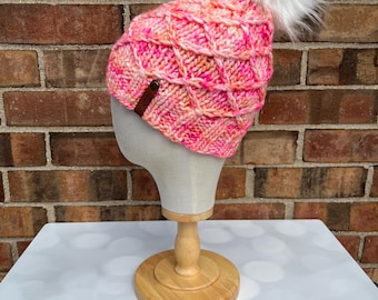 Luxury Pink Merino Wool Knit Hat - Neon Sherbert Lattice Beanie Hand Knit Hat with Hand Dyed Yarn