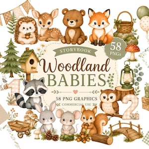 Könnte beinhalten: Eine digitale Sammlung von 58 waldthematischen Illustrationen mit Igel, Reh, Bär, Fuchs, Waschbär, Eule, Hase, Maus und Eichhörnchen. Enthält Vogelhaus, Laterne, Wagen, Brücke, Geschenke, Luftballons und den Text Storybook Woodland BABIES.