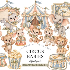 Pode incluir: Uma coleção de clipart digital com tema de circo, incluindo uma tenda, um elefante, um macaco, um leão, um urso, uma foca, um coelho, um balde de pipoca, um tambor, balões e o texto CIRCUS BABIES 30 TRANSPARENT PNGS.