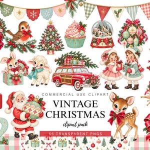 Könnte beinhalten: Eine Sammlung von digitalen Illustrationen zum Thema Weihnachten mit einem roten Auto mit Baum, Weihnachtsmann, Kindern, einem Reh, einem Hasen, einem Lamm, Ornamenten, einem Kranz, einer Schneekugel, einem Cupcake und Wimpeln mit dem Text VINTAGE CHRISTMAS.