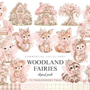 Puede incluir: Una colección digital de ilustraciones con temática de hadas del bosque que incluye animales bebés, casas florales y accesorios en tonos rosa suave. El texto dice: COMMERCIAL USE CLIPART WOODLAND FAIRIES clipart pack 73 TRANSPARENT PNGS.