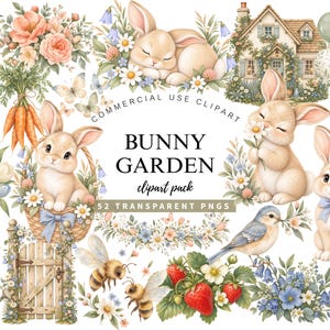 Pode incluir: Uma coleção de clipart digital intitulada Bunny Garden com 52 PNGs transparentes de ilustrações em aquarela, incluindo coelhos, uma casa, cenouras, flores, morangos, abelhas, um pássaro e um portão de jardim em tons pastéis suaves.