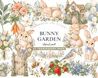 Puede incluir: Una colección de imágenes prediseñadas digitales titulada Bunny Garden que incluye 52 archivos PNG transparentes de ilustraciones en acuarela con conejos, una casa, zanahorias, flores, fresas, abejas, un pájaro y una puerta de jardín en tonos pastel.