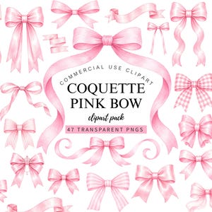 May include: A collection of various pink bows in different shapes and styles, including solid, striped, and checkered patterns. The centre features the text: COMMERCIAL USE CLIPART COQUETTE PINK BOW clipart pack 47 TRANSPARENT PNGS.