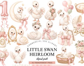 May include: A digital clipart collection featuring watercolor-style illustrations of baby swans in various poses, including sitting on a crescent moon, inside a gift box, and in a basket, accented with pink bows, balloons, and floral wreaths.