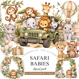 Safari Baby Animals Clipart, akwarela, 34 PNG, Baby Shower w dżungli, Urodziny Wild One, Grafika do pokoju dziecięcego