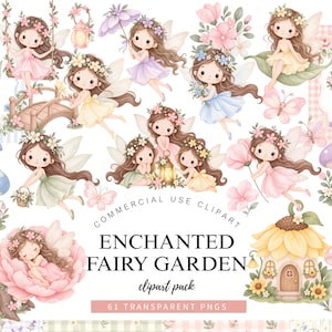 May include: A digital clipart collection featuring watercolor illustrations of fairies, mushroom houses, flowers, and butterflies. The text reads: COMMERCIAL USE CLIPART ENCHANTED FAIRY GARDEN clipart pack 61 TRANSPARENT PNGS. The art style is soft and pastel.