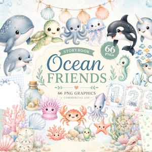 以下が含まれることがあります： クジラ、イルカ、ウミガメ、タコ、クラゲ、シャチ、イッカク、カニ、エイを描いた66種類の水彩画風オーシャンテーマのデジタルグラフィックセット。サンゴ、貝殻、舵輪、Storybook Ocean Friendsと書かれた数字が含まれています。