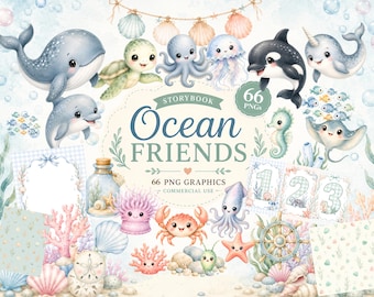 Ocean Animal Clipart Bundle, Watercolor Sea Animals PNG, Storybook Ocean Friends, Baby Shower, Under the Sea, Commercial Use