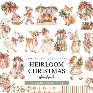 Weihnachtliches Aquarell-Clipart-Bundle im Vintage-Stil, Waldtiere, Teddybären, nahtlose Muster, 74 PNGs