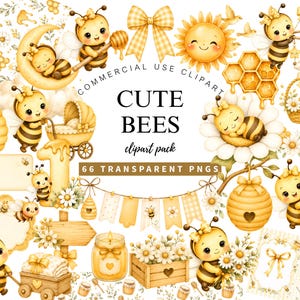 Söta bin Clipart Set, Baby Bi Akvarell PNG, Honungsbi Clipart, Baby Shower Clipart, Barnkammardekor, Kommersiellt Använd PNG