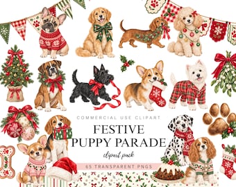 Puede incluir: Una colección de imágenes digitales titulada Festive Puppy Parade que muestra varias razas de perros con ropa festiva, árboles de Navidad, adornos, calcetines, muérdago y huellas. El texto dice Commercial Use Clipart Festive Puppy Parade.