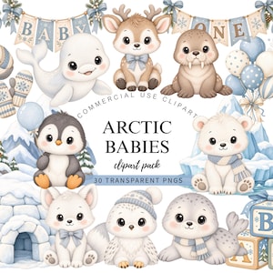 Puede incluir: Una colección de ilustraciones digitales con animales árticos que incluyen una beluga, ciervo, morsa, pingüino, oso polar, zorro, búho y foca. El conjunto incluye accesorios de invierno, un trineo, un iglú y bloques con letras del alfabeto.