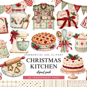 Può includere: Una collezione digitale di clipart per la cucina natalizia che include un'impastatrice, una torta, un dolce su un'alzata, un ricettario, un barattolo di farina, un mattarello con formine per biscotti, una tazza, utensili da cucina e bordi decorativi.