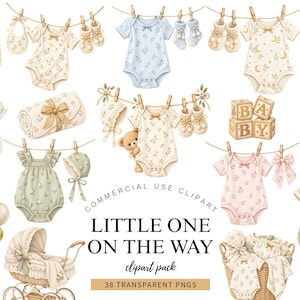 Peut inclure: Une collection d'illustrations aquarelles sur le thème de bébé comprenant des bodys, des bonnets, des chaussons, une poussette, des ballons et des cubes en bois. L'ensemble inclut divers vêtements à motifs floraux et nœuds, avec le texte LITTLE ONE ON THE WAY.