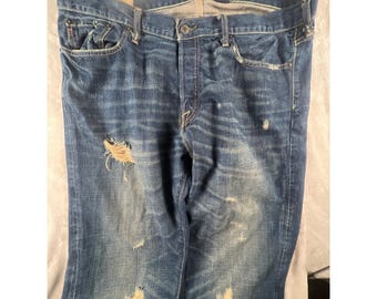 Abercrombie & Fitch Kilburn Low Rise Boot Jeans Mens 36x34 Distressed Blue Denim