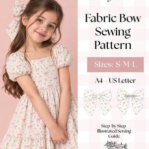 Puede incluir: Un patrón de costura digital en PDF para un lazo de tela, con el texto PDF Digital Sewing Pattern, Fabric Bow Sewing Pattern, Sizes: S-M-L, A4 - US Letter, Step-by-Step Illustrated Sewing Guide y The Sewing Room Co. Sewing Studio.