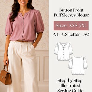 Peut inclure: Un patron de couture numérique PDF pour un chemisier à manches bouffantes et boutonnage sur le devant, tailles XXS-5XL. Le document inclut les formats A4, US Letter et A0, un dessin technique du chemisier et un guide de couture illustré étape par étape.
