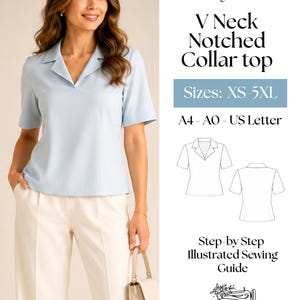 May include: A PDF digital sewing pattern for a light blue V-neck notched collar top. The document includes sizes XS-5XL, A4, A0, and US Letter formats, a technical line drawing of the front and back, and a step-by-step illustrated sewing guide.