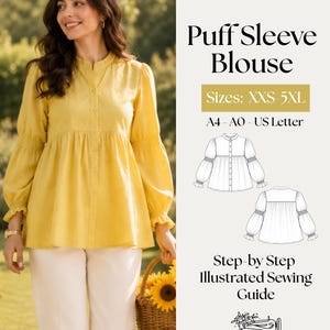 Puede incluir: Un patrón de costura digital en PDF para una blusa de mangas abullonadas, disponible en tallas XXS-5XL, formatos A4, A0 y US Letter. La guía incluye instrucciones ilustradas paso a paso, un dibujo técnico de la blusa y el logo de Sewing Room Co.