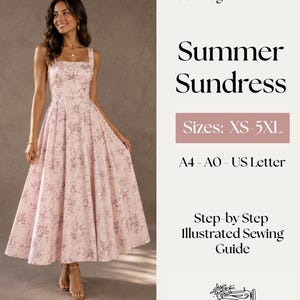 Peut inclure: Un patron de couture numérique PDF pour une robe d'été en tailles XS-5XL, incluant les formats A4, A0 et US Letter. Le patron comprend un guide de couture illustré étape par étape de The Sewing Room Co. et montre une robe à motif floral.