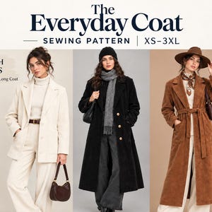 Puede incluir: Patrón de costura The Everyday Coat para tallas XS-3XL con tres opciones de largo: chaqueta, abrigo corto y abrigo largo. La imagen muestra una chaqueta blanca, un abrigo negro y un abrigo marrón con cinturón, todos con solapas.