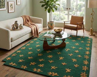 Tapis en laine vert foncé tufté à la main, 152 x 213 cm, motif botanique doré, tapis moderne pour salon. Qualité, couleur, matière et design exceptionnels.