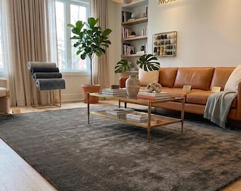 Alfombra de lana tejida a mano en color negro carbón de 1,5 x 2,4 m, alfombra moderna de lujo, alfombra minimalista para sala de estar, alfombra de piso personalizada hecha a mano para decoración del hogar