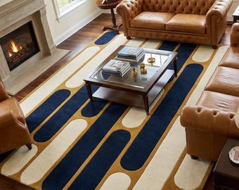 Moderner, handgetufteter Teppich (152 x 213 cm, 152 x 244 cm), abstrakter Wollteppich, luxuriöser Teppich in Blau und Beige, handgefertigter Wohnzimmerteppich, individueller Designerteppich