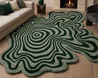 Tappeto in lana trapuntato a mano dalla forma organica, tappeto astratto verde, tappeto moderno irregolare, arredamento di lusso per il soggiorno, tappeto personalizzato fatto a mano