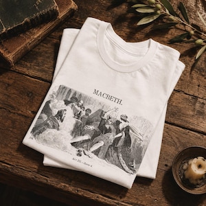 May include: A white t-shirt featuring a black and white graphic illustration of a scene from Shakespeare's Macbeth. The print includes the text MACBETH and Act III.--Scene 4. The design depicts figures in historical attire in a dramatic setting.