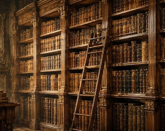 Digital artwork featuring an elegant vintage library