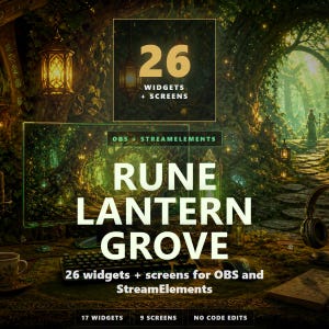 Pode incluir: Um pacote de ativos digitais intitulado RUNE LANTERN GROVE contendo 26 widgets e telas para OBS e StreamElements. O gráfico exibe uma cena de floresta com lanternas brilhantes, um teclado de computador e fones de ouvido em tons verdes escuros.