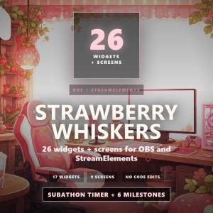 Puede incluir: Un paquete de superposición de streaming digital titulado Strawberry Whiskers que incluye 26 widgets y pantallas para OBS y StreamElements. El diseño incluye una silla de juego rosa, un monitor de computadora y elementos decorativos de fresa.