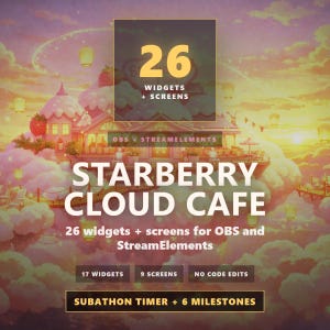 Può includere: Una grafica digitale per Starberry Cloud Cafe con 26 widget e schermate per OBS e StreamElements. L'immagine mostra un edificio a tema fragola sopra le nuvole con lanterne fluttuanti, sovrapposizioni di testo e un timer subathon.