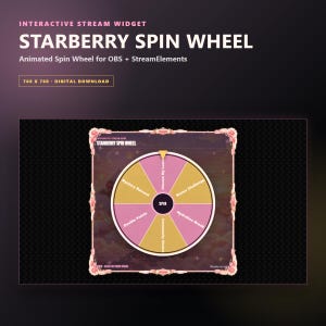 May include: An interactive Starberry Spin Wheel digital widget for OBS and StreamElements. The circular wheel features alternating pink and gold segments with text labels including Mystery Reward, Bonus Challenge, Hydration Break, and Double Points.