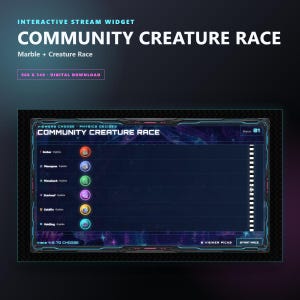 May include: An interactive stream widget titled Community Creature Race featuring a dark interface with six colorful creature icons labeled Ember, Moonpaw, Mossback, Starhoof, Goldfin, and Voidling, with a start race button and viewer pick options.
