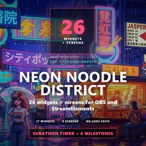 Animated Anime Cyberpunk Arcade Gaming OBS Overlay Pack - Neon Noodle District StreamElements Twitch Download