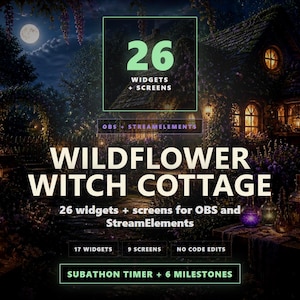 以下が含まれることがあります： Wildflower Witch Cottageというタイトルのデジタルアセットパックで、OBSおよびStreamElements用の26個のウィジェットと画面が含まれています。画像には、17個のウィジェット、9個の画面、コード編集不要、6つのマイルストーン付きサブソンタイマーというテキストが記載されています。