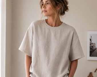 Linen Shirt Women Oversized Linen Blouse Short Sleeve Shirt Casual Boho Top