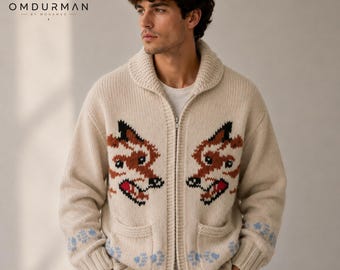 Cardigã Wolf Knit inspirado na Ave Maria, estilo nórdico, com zíper.