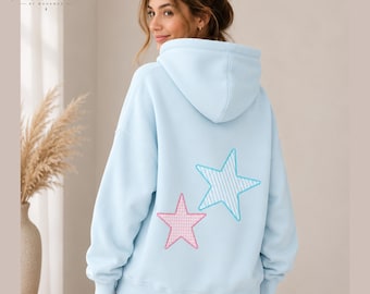 Oversized Star Embroidered Hoodie, Cozy Pastel Pullover Sweatshirt