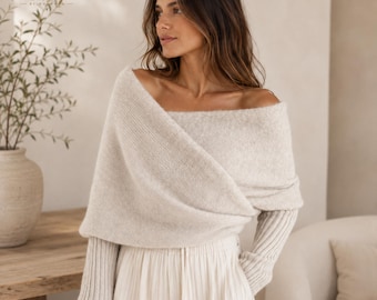Off Shoulder Knit Sweater, Oversized Cozy Wrap Top, Fall Winter Layering